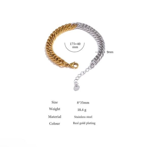 18K Gold Plated Two Toned Chain Bracelet 7”+1” extension - Picture 3 of 6